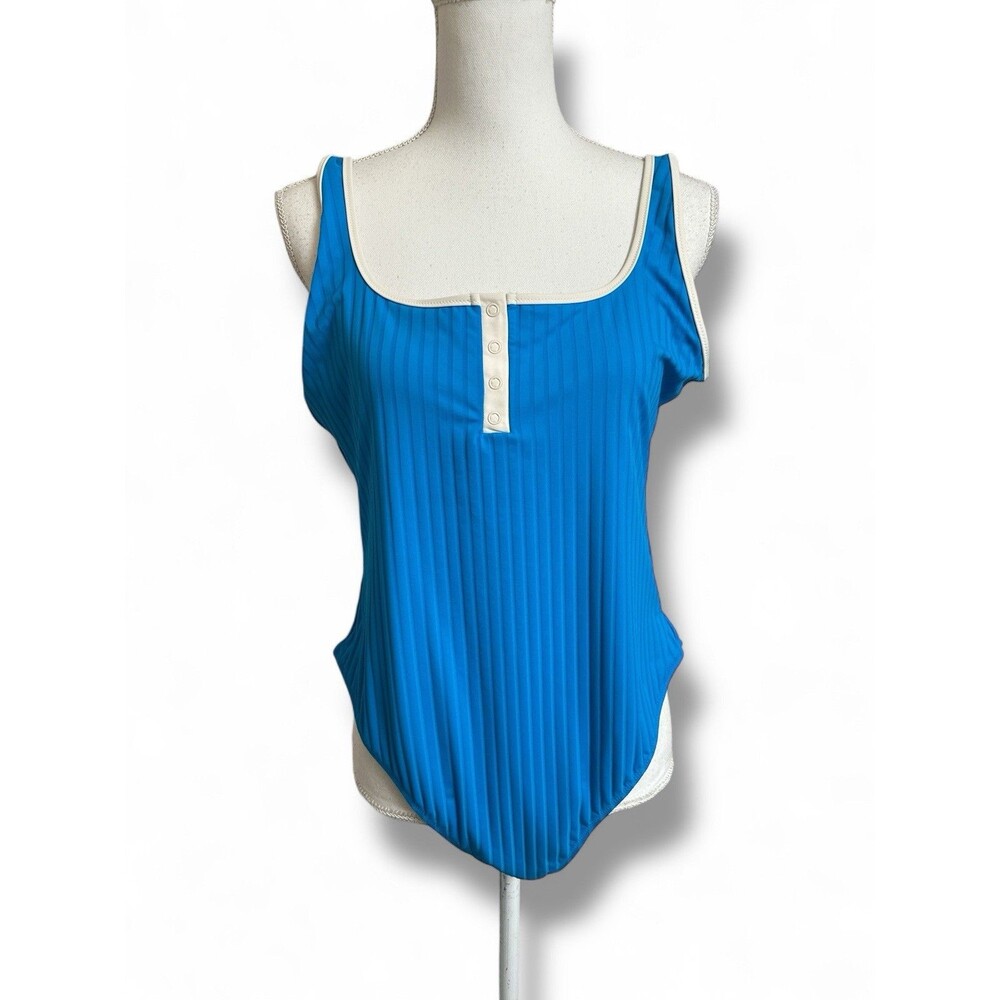 NWT Aerie Women's XL Blue Wide Rib Henley Cheeky One Piece Swimsuit NEW $54